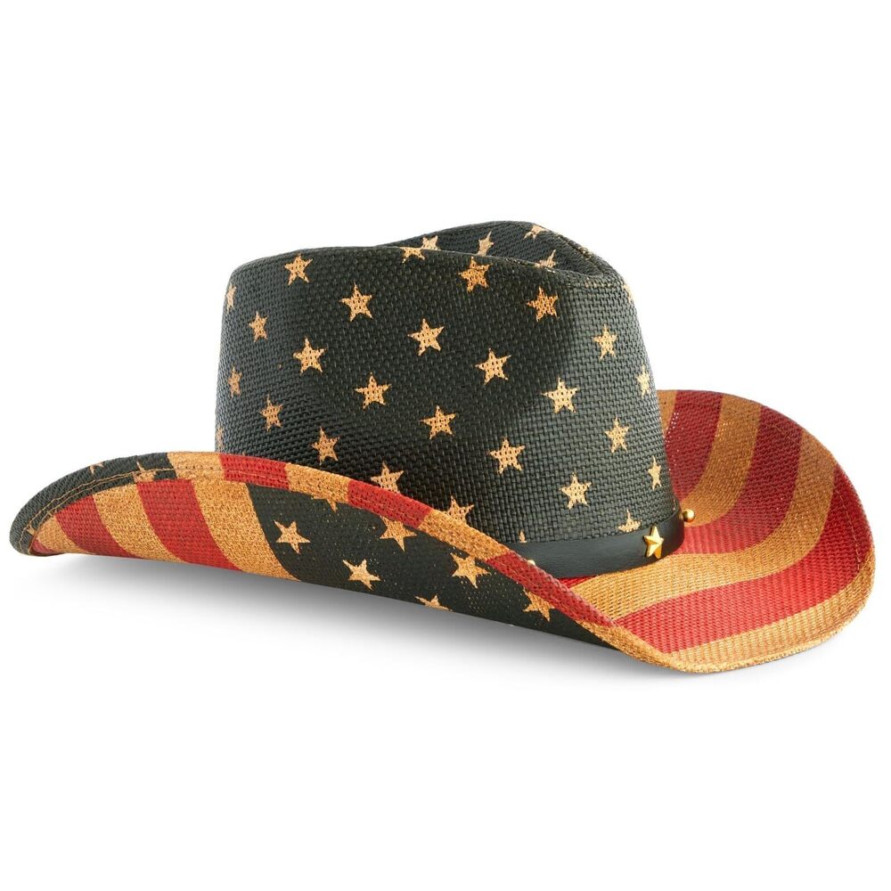 9076 USA Straw American Flag Cowboy Hat , , Looks Vintage Cowgirl Hat